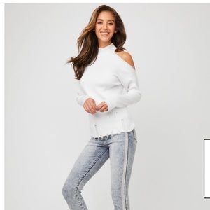 Guess Caprice Cold Shoulder Distressed Top, White Cold Shoulder Sweater